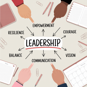 diagram showing different aspects of leadership with several different fingers pointing towards the diagram